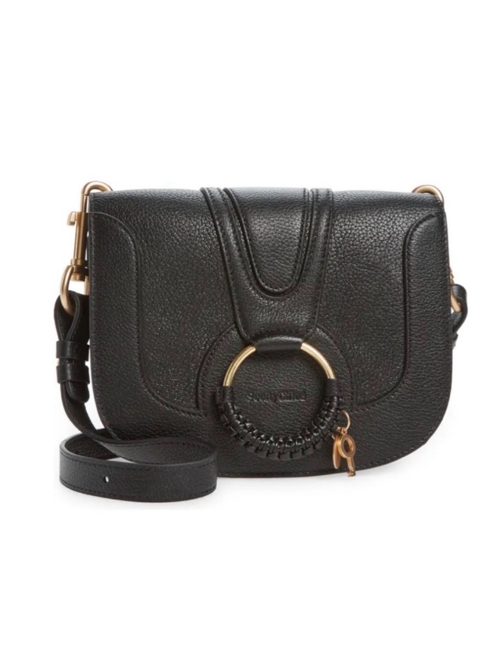 See By Chloe Black mini Hana Leather Saddle Crossbody with Gold Ring Detail